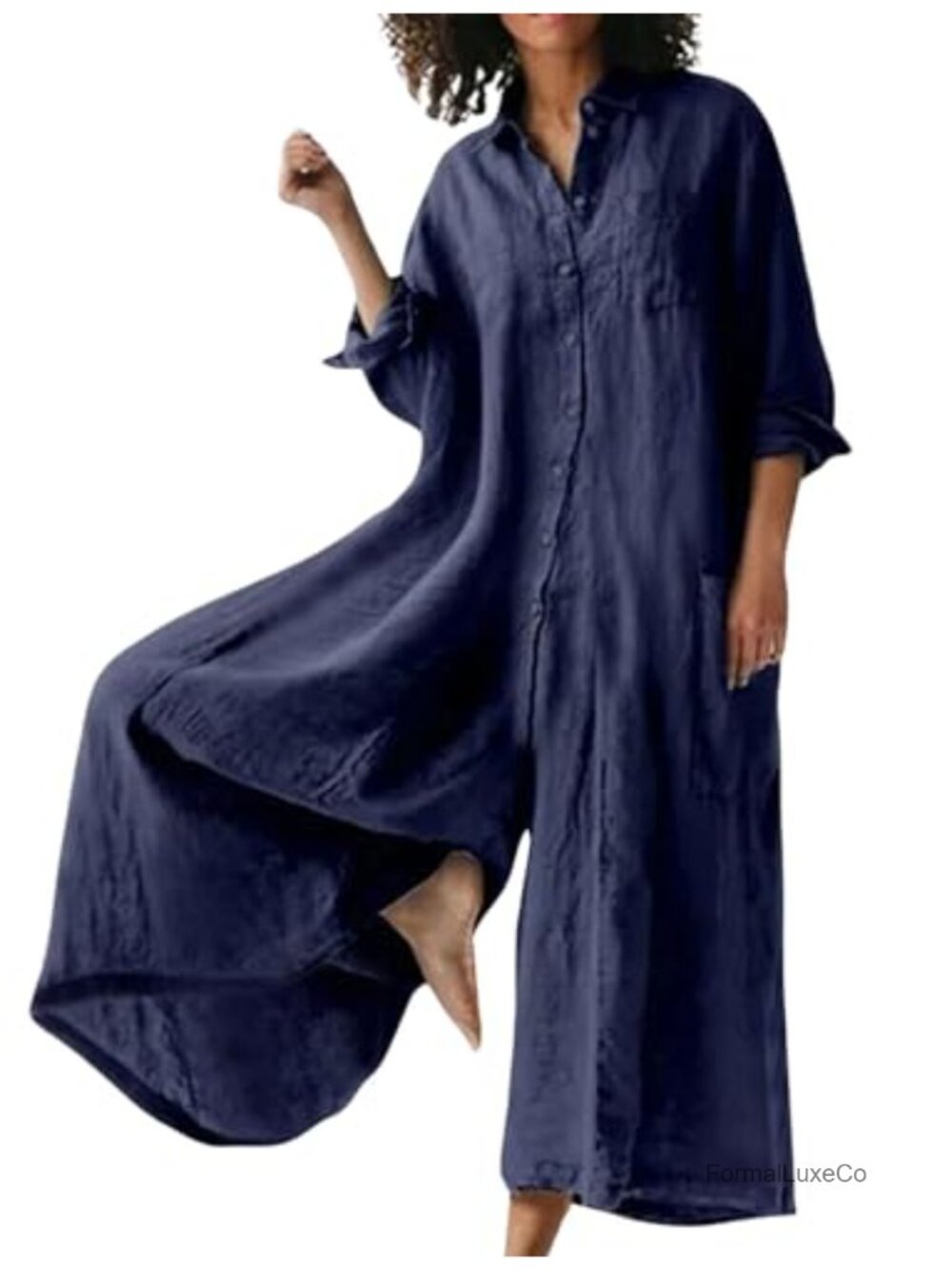 Linen Button Down Long Sleeve Wide Leg Jumpsuit Beach Palazzo Pants